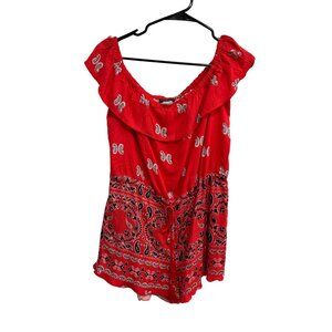 Venus Red Paisley Print Off Shoulder Baby Doll Romper Size M